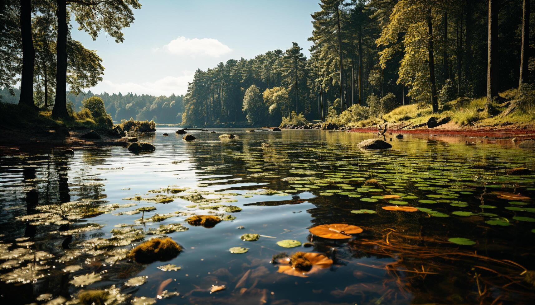 ai gerado tranquilo cena do uma verde floresta refletindo em água gerado de ai foto