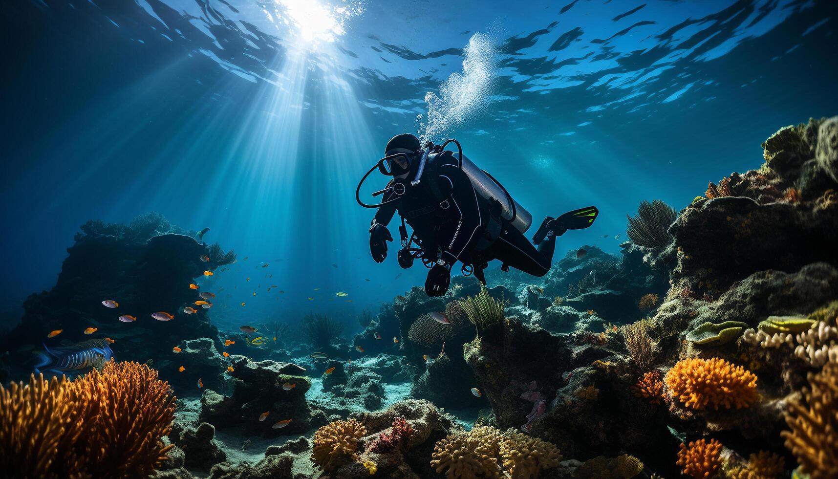 ai gerado homens mergulho para dentro azul água, explorando embaixo da agua recife gerado de ai foto