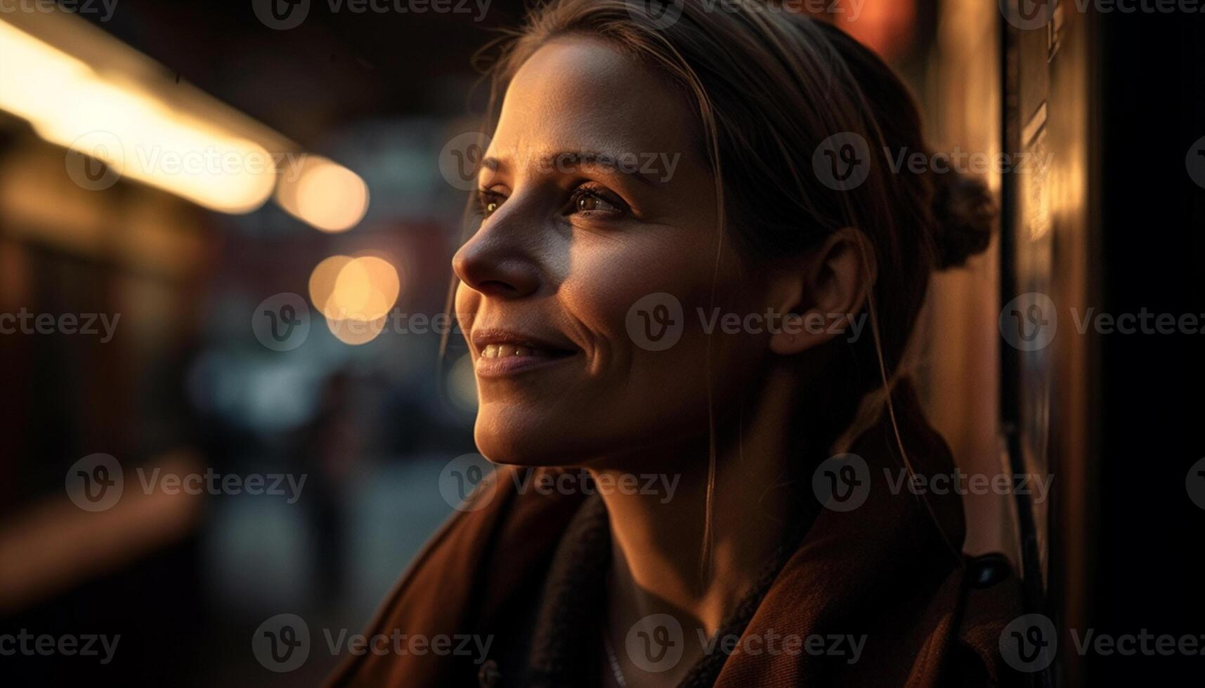 ai gerado jovem mulher sorridente, vestindo fones de ouvido, olhando às Câmera dentro cidade gerado de ai foto