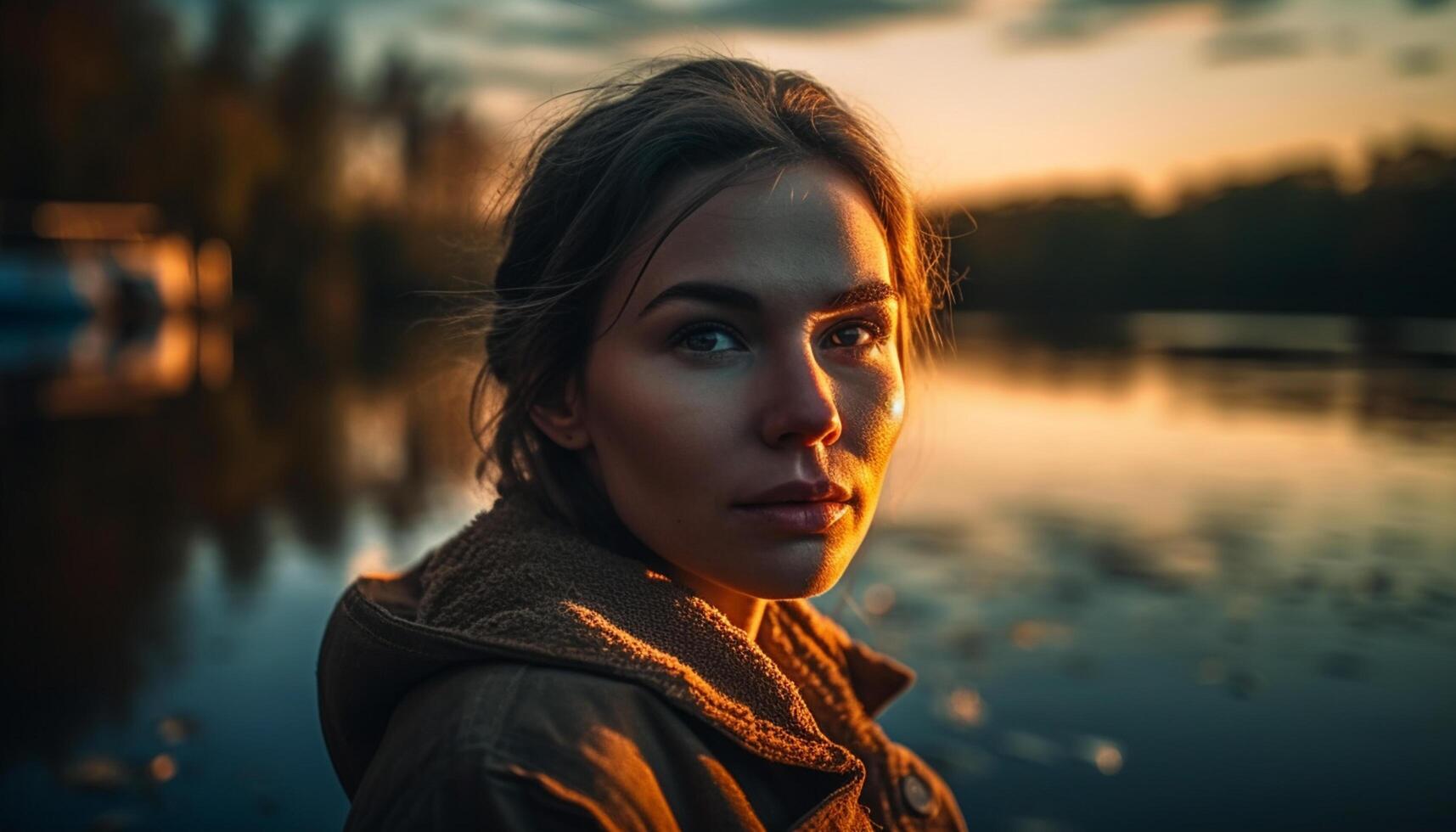 ai gerado jovem mulher, ao ar livre, pôr do sol, água, beleza, caucasiano, sorridente, relaxamento, outono gerado de ai foto