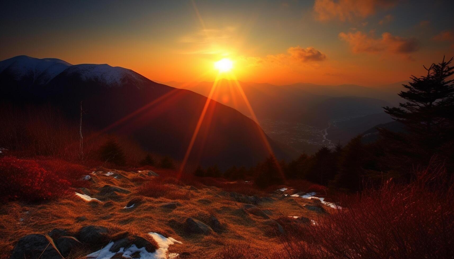 ai gerado majestoso montanha pico, pôr do sol céu, tranquilo Prado, verde floresta gerado de ai foto