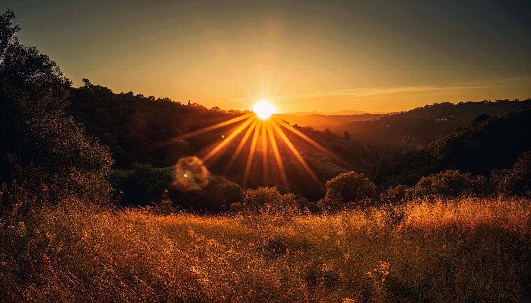 ai gerado pôr do sol sobre uma tranquilo Prado, natureza beleza dentro amarelo e azul gerado de ai foto