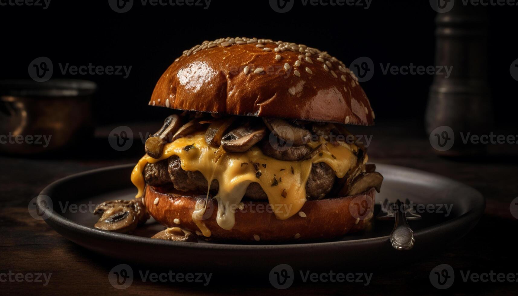 ai gerado grelhado carne hamburguer com queijo, cebola, e tomate em pão gerado de ai foto