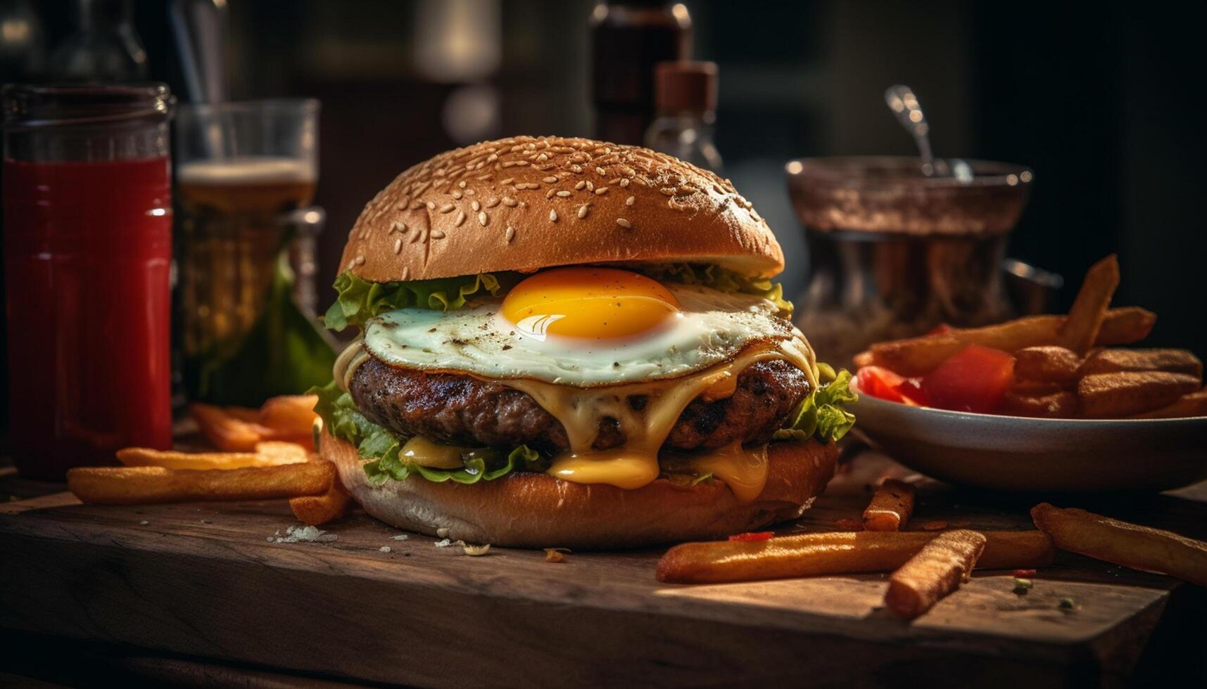 ai gerado grelhado carne, fresco pão, rústico mesa, americano cultura, bar Comida gerado de ai foto