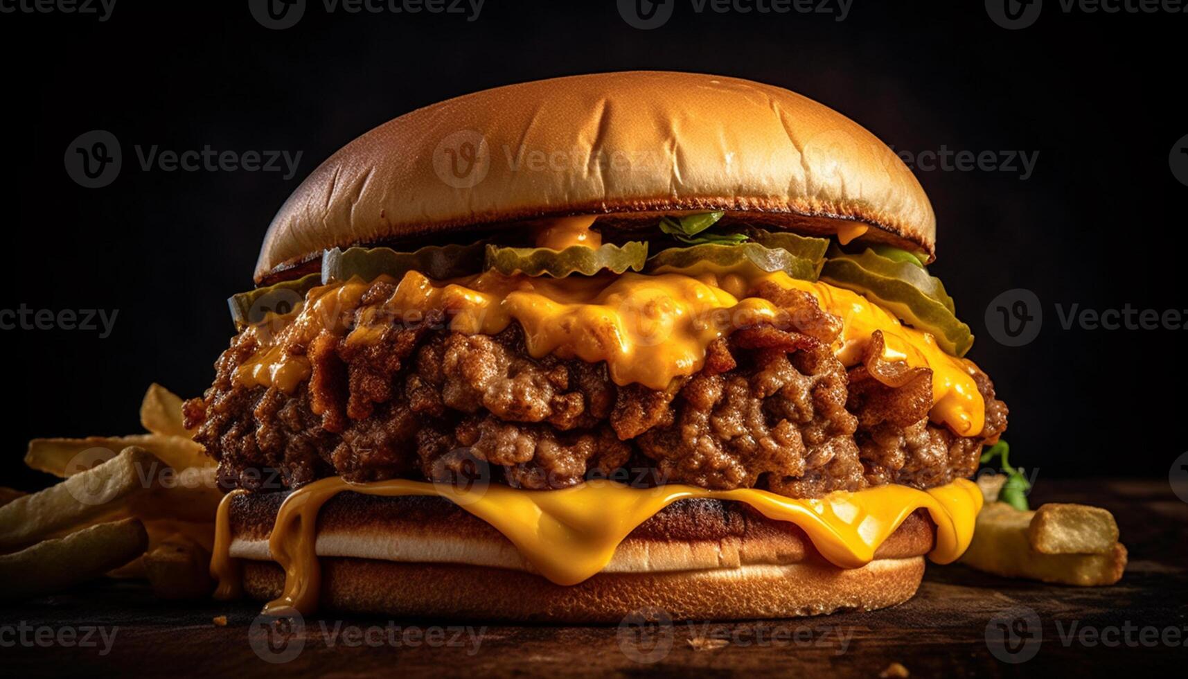 ai gerado grelhado gourmet hamburguer com queijo, cebola, tomate, e francês fritas gerado de ai foto