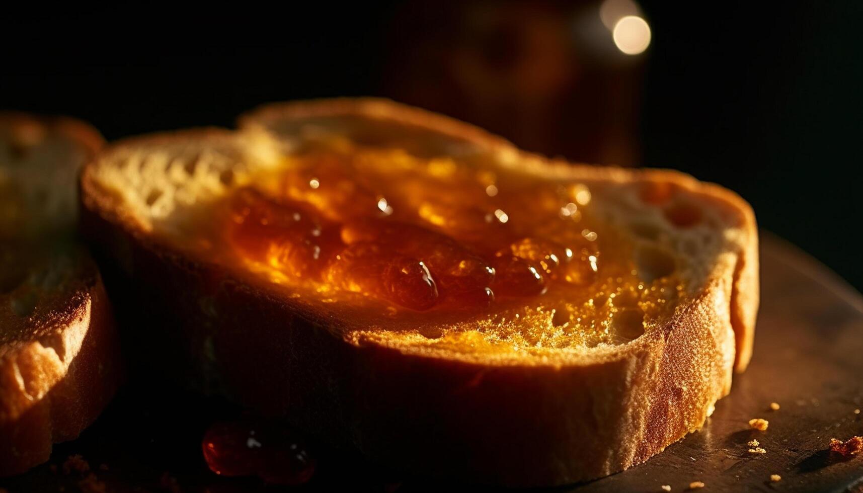 ai gerado recentemente cozido pão com uma doce fruta espalhar, uma gourmet lanche gerado de ai foto