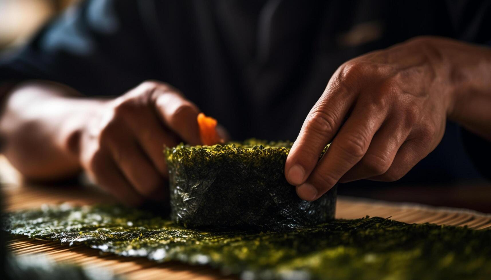 ai gerado uma chefe de cozinha mão habilmente fatias fresco legumes em de madeira mesa gerado de ai foto