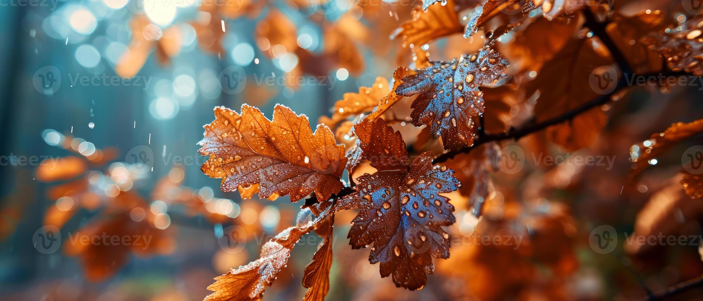 ai gerado pingos de chuva cintilar em rico Castanho folhas contra uma foco suave fundo foto