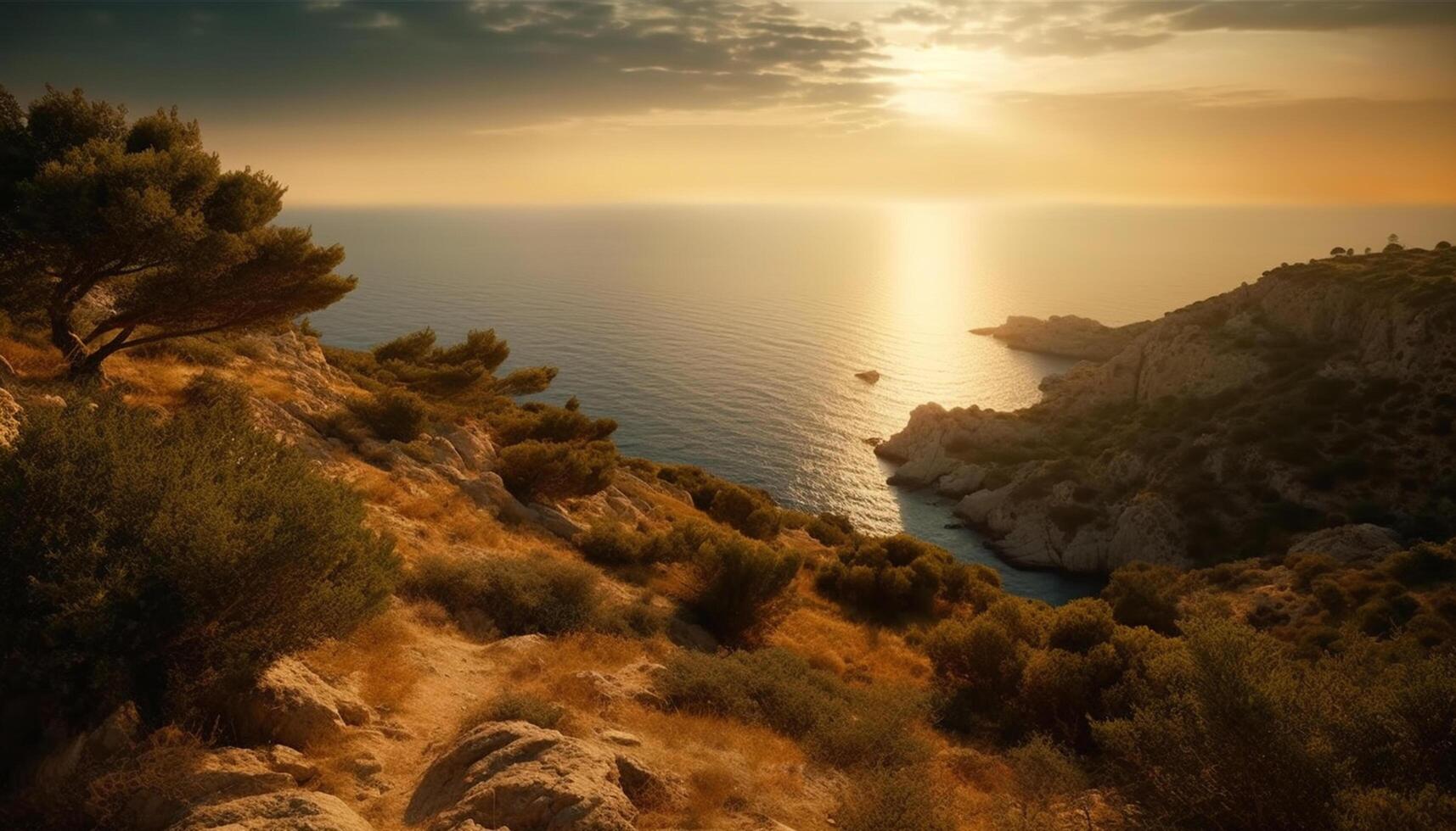 ai gerado pôr do sol sobre a tranquilo litoral, uma pitoresco beleza dentro natureza gerado de ai foto