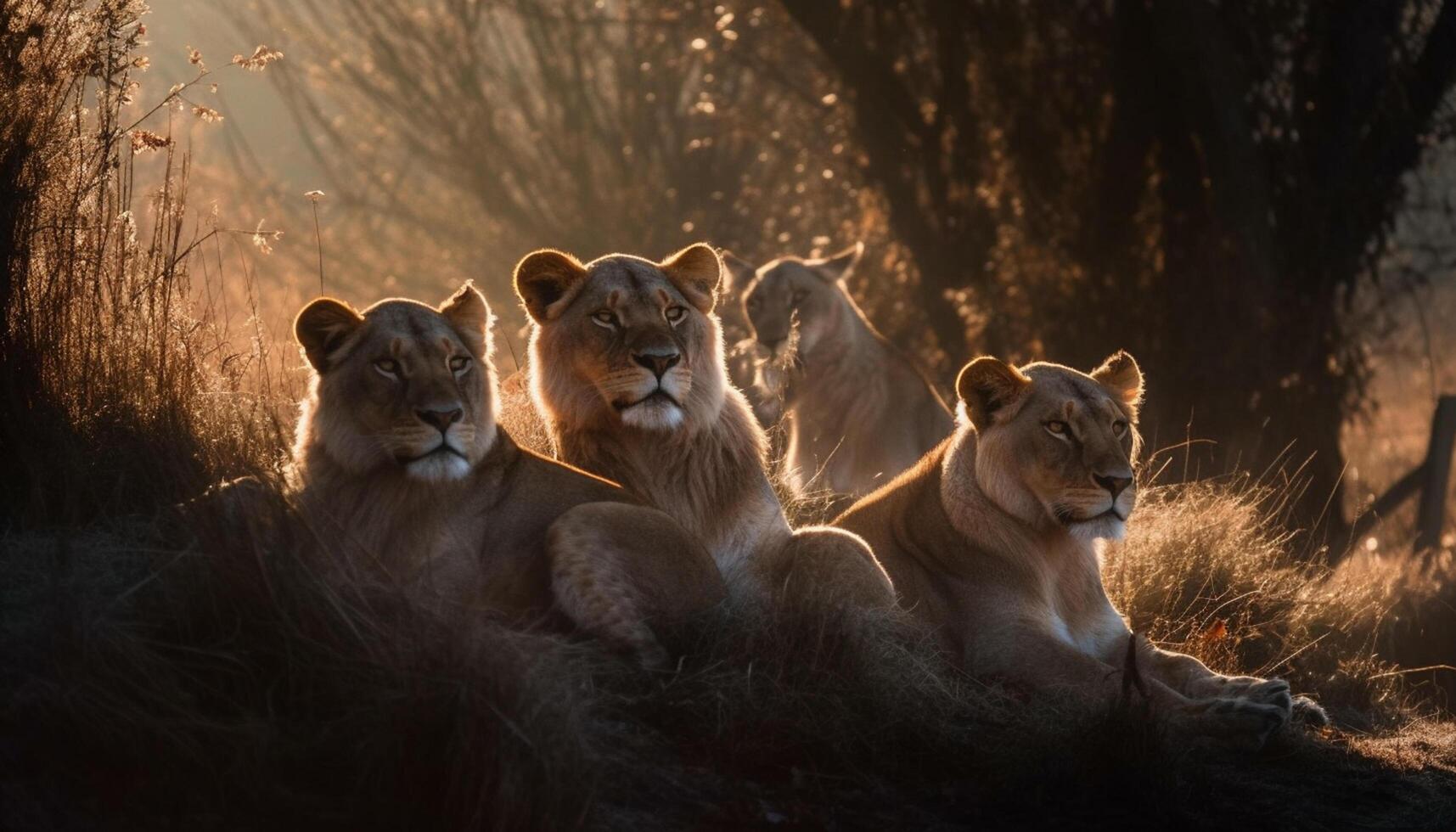 ai gerado leoa, felino beleza dentro natureza, se escondendo dentro grama, majestoso pôr do sol gerado de ai foto