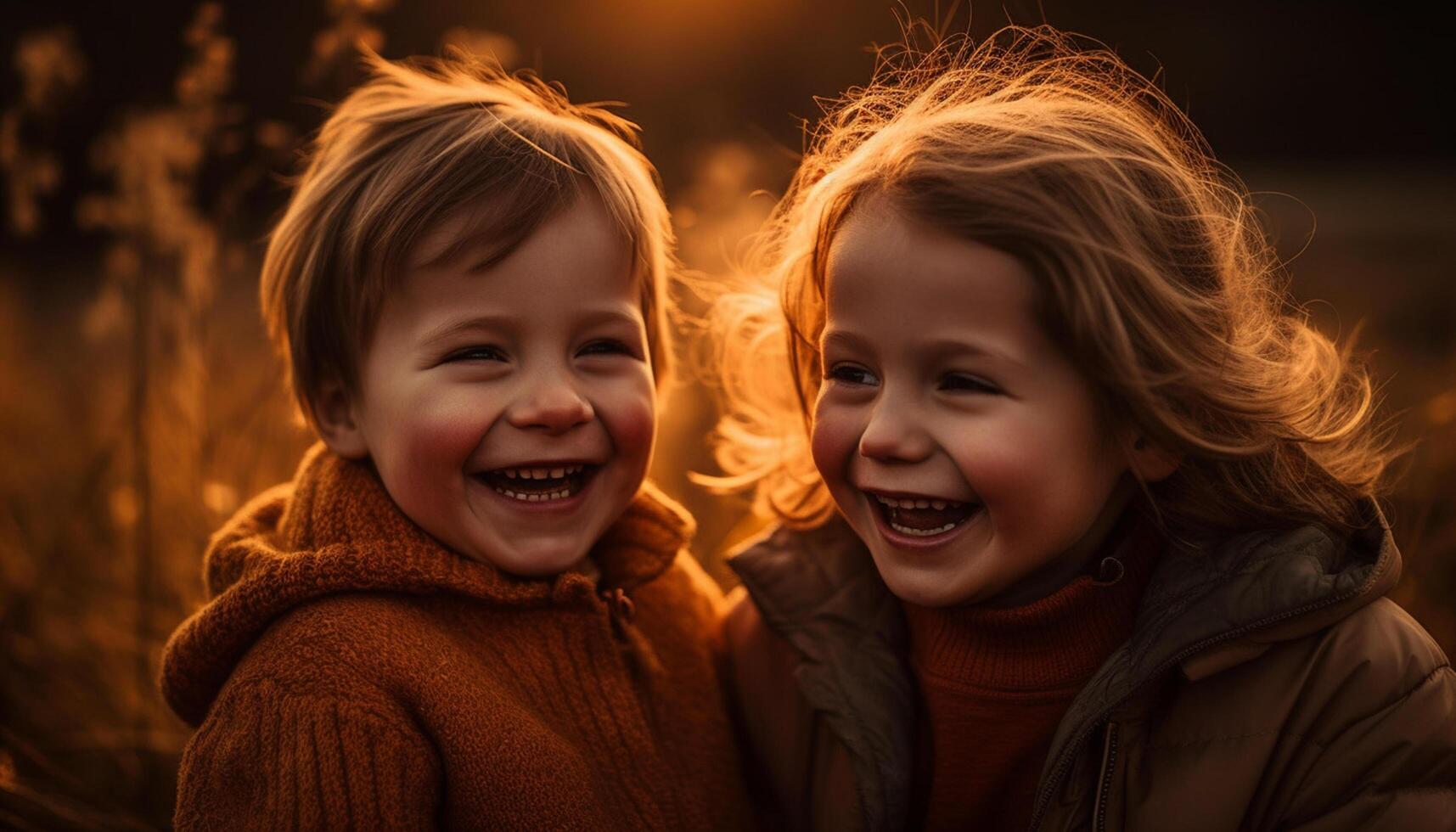 ai gerado sorridente criança ao ar livre, alegre caucasiano Garoto e fofa menina jogando gerado de ai foto