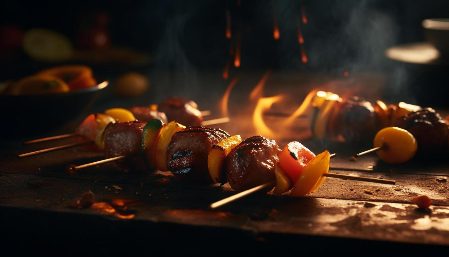 ai gerado grelhado carne em espeto, chama, aquecer, carvão, cozinhou, delicioso churrasco gerado de ai foto