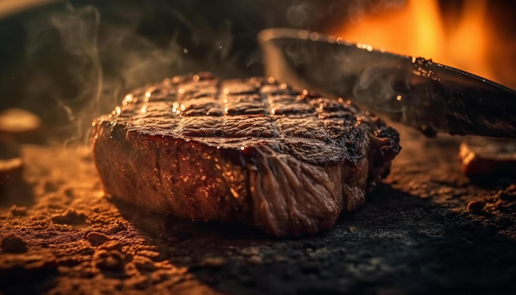 ai gerado grelhado bife em fogo, perfeito verão refeição gerado de ai foto