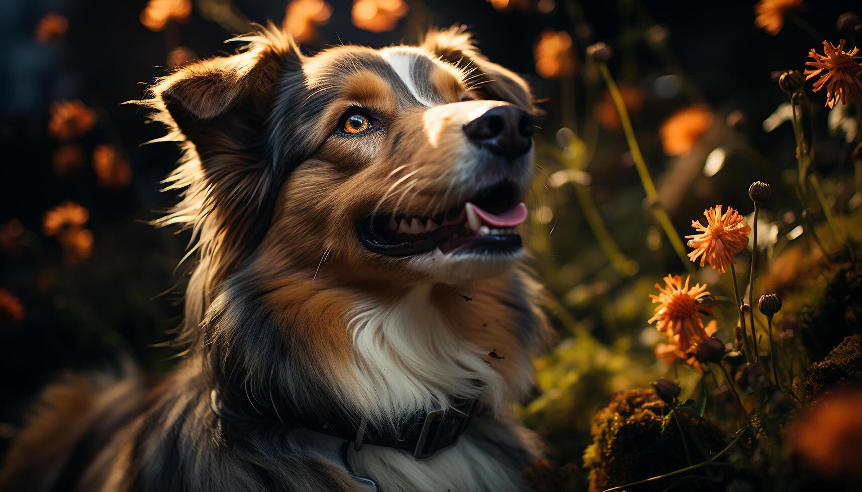 ai gerado fofa cachorro sentado ao ar livre, olhando às Câmera gerado de ai foto