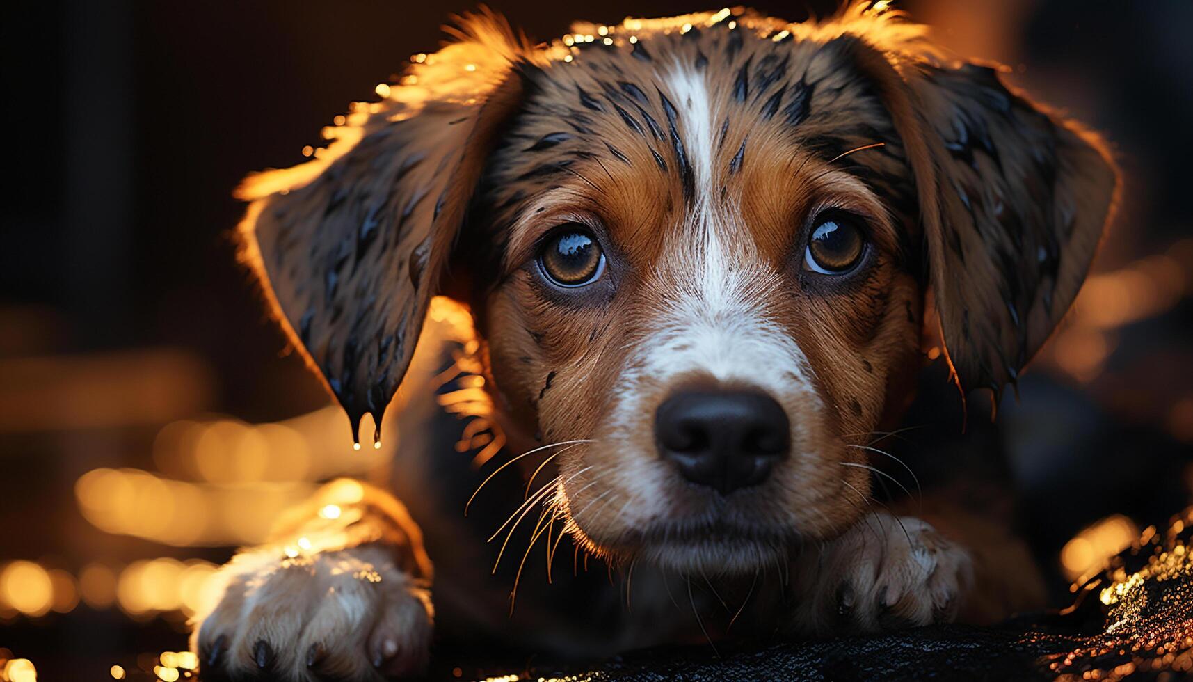 ai gerado fofa cachorro sentado ao ar livre, olhando às Câmera gerado de ai foto