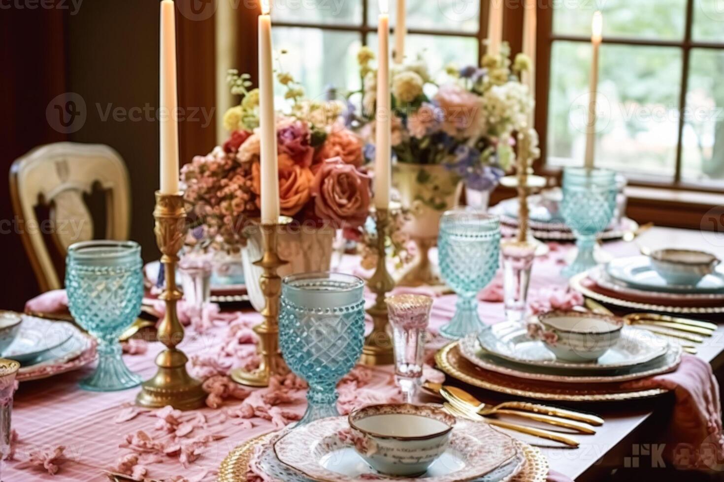 ai gerado romântico feriado paisagem de mesa, formal jantar mesa contexto, mesa escapar com Rosa país estilo decoração para Casamento e evento celebração, generativo ai foto