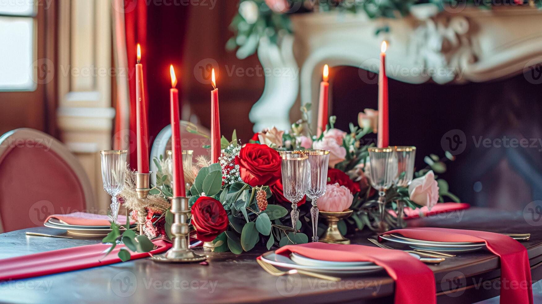 dia dos namorados dia paisagem de mesa e mesa decoração, romântico mesa configuração com flores, formal jantar e data, lindo talheres e talheres foto