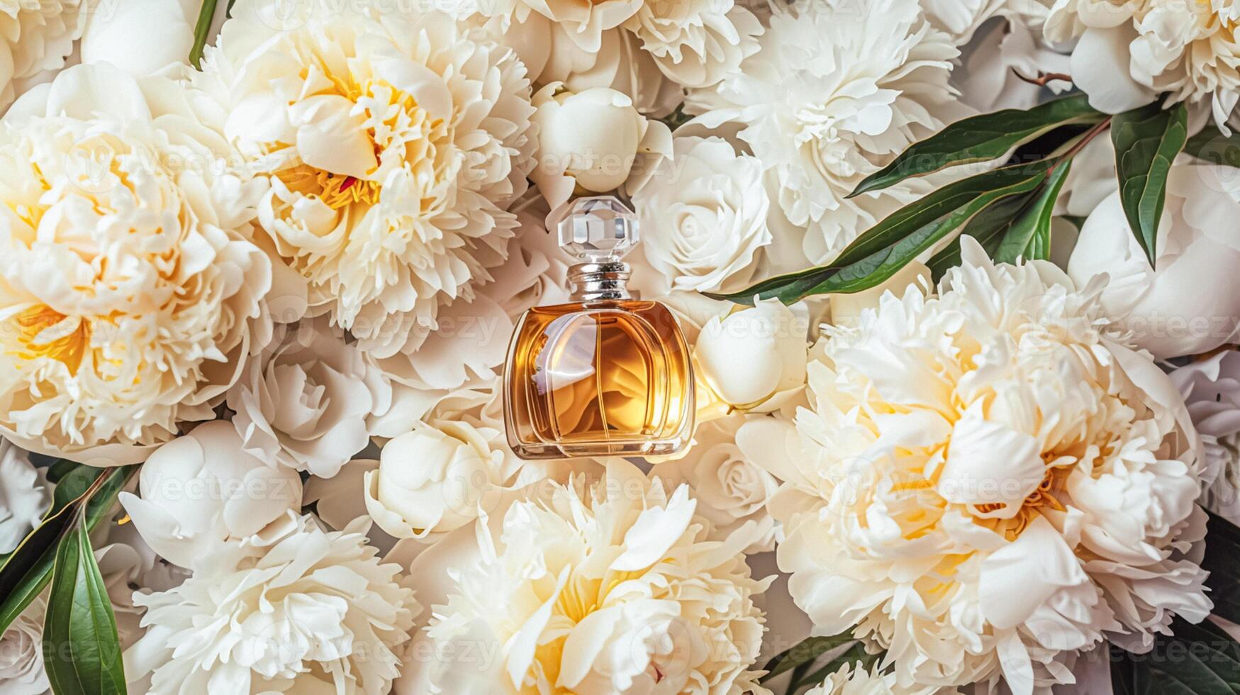 ai gerado perfume garrafa dentro flores, fragrância em florescendo fundo, floral odor e Cosmético produtos foto