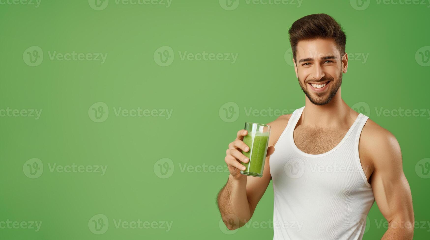 ai gerado saudável homem segurando vegetal suco em verde fundo foto