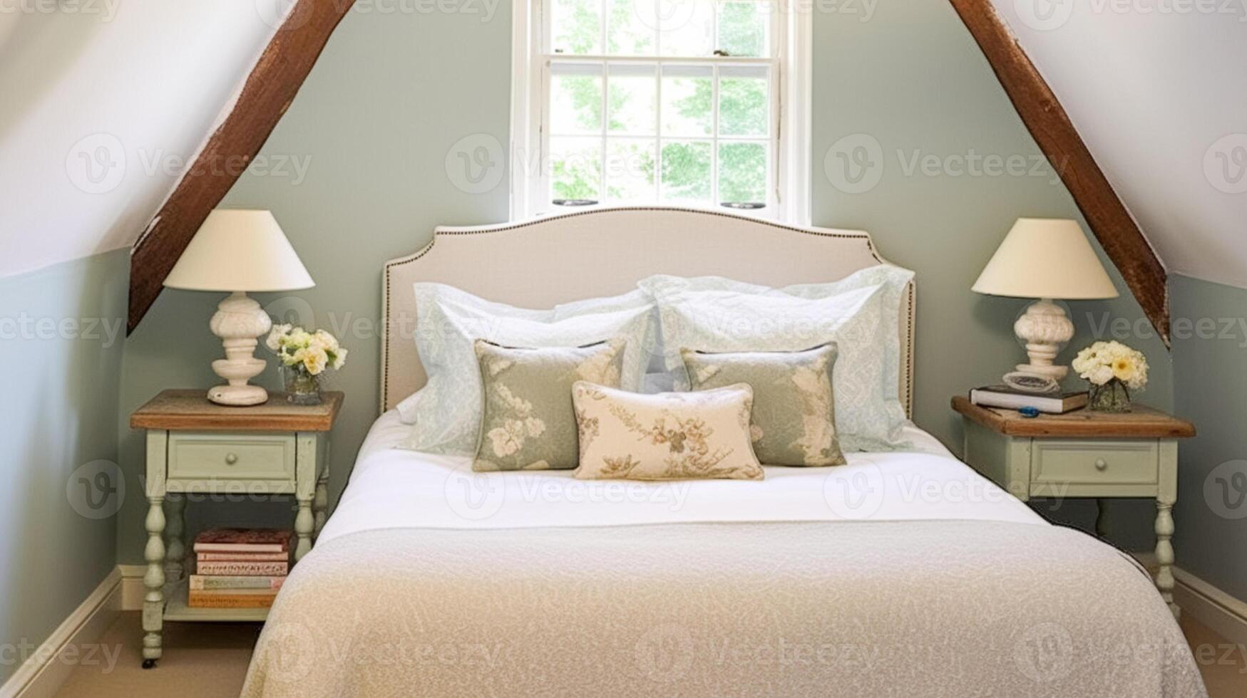 ai gerado casa de fazenda quarto decoração, interior Projeto e casa decoração, cama com elegante roupa de cama e sob medida mobília, Inglês país casa, feriado aluguel e chalé estilo foto