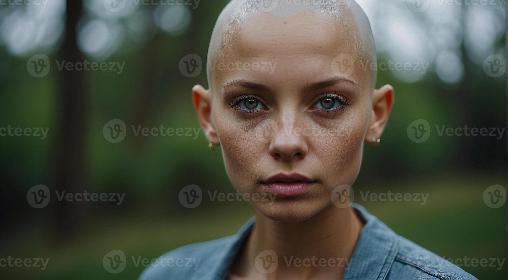 ai gerado retrato do uma bonita Calvo mulher em fundo, verde ou azul olhos, careca garota, Câncer mulher, retrato do careca mulher foto