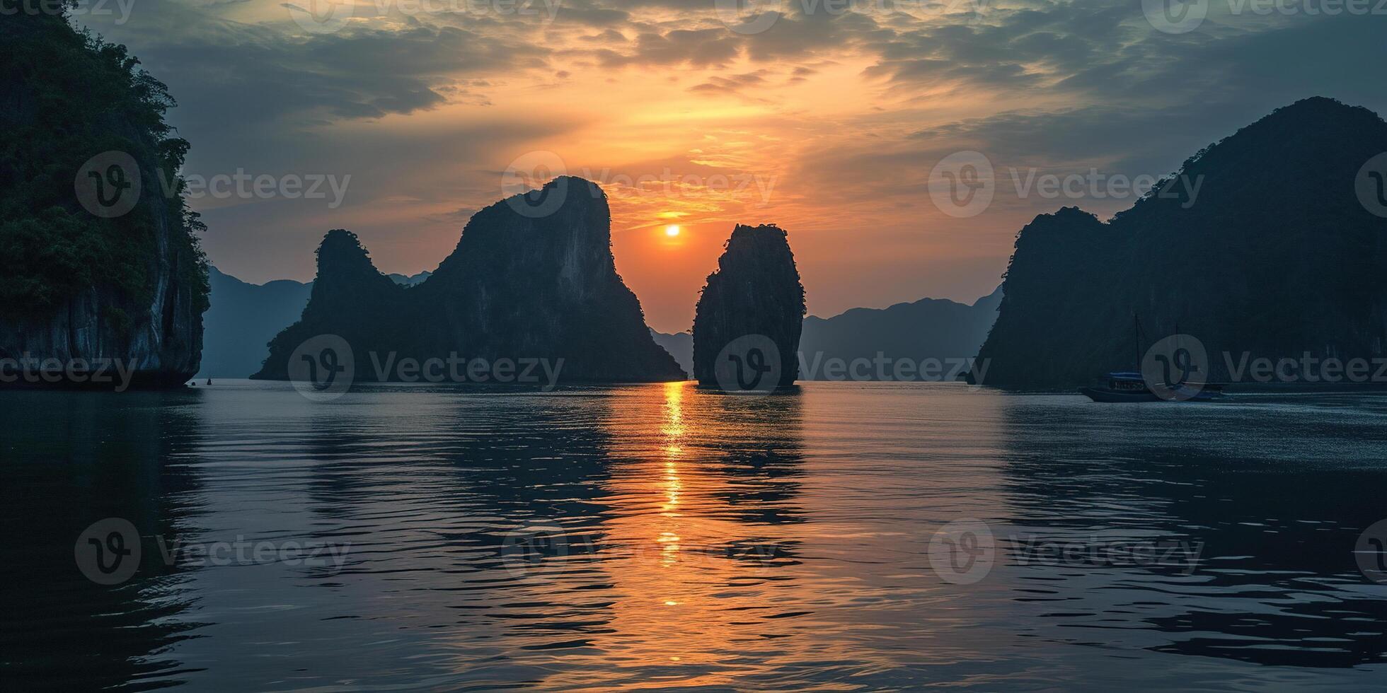 ai gerado ha grandes baía, Halong baía mundo herança site, calcário ilhas, esmeralda águas com barcos dentro província, Vietnã. pôr do sol, viagem destino, natural maravilha panorama fundo papel de parede foto