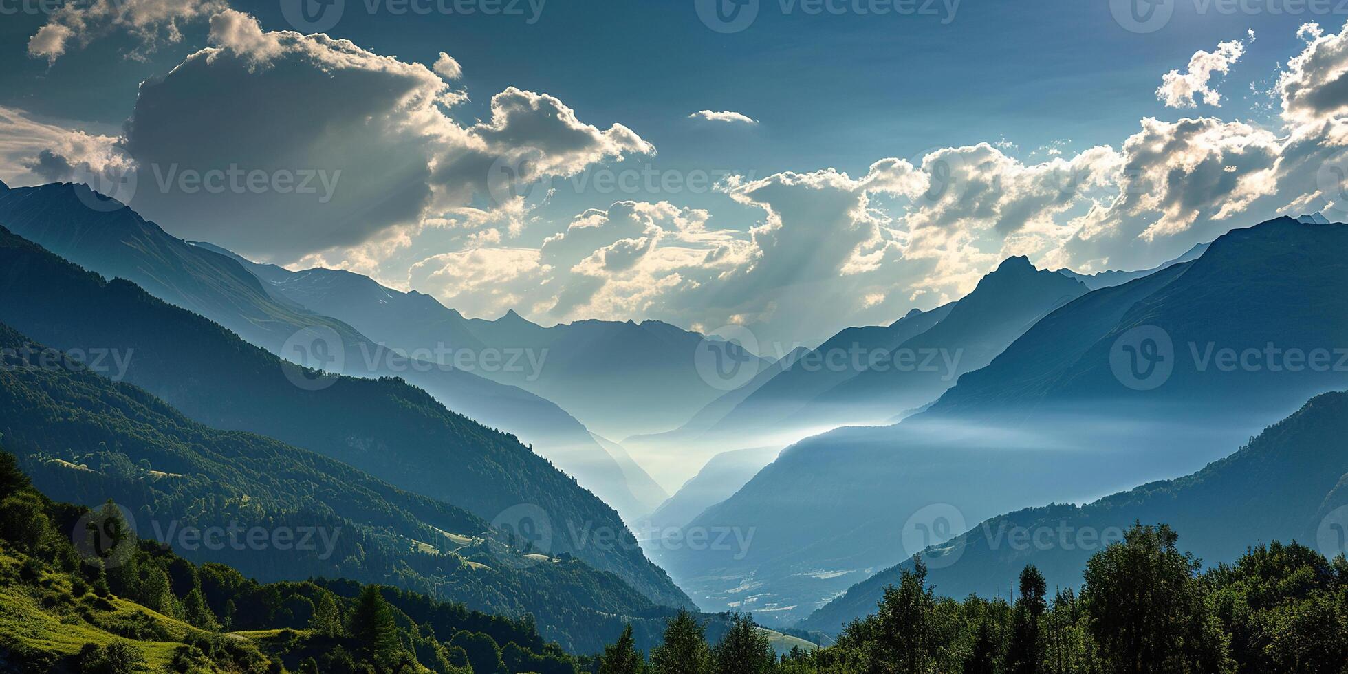 ai gerado suíço Alpes montanha alcance com exuberante floresta vales e prados, campo dentro Suíça panorama. Nevado montanha tops dentro a horizonte, viagem destino papel de parede fundo foto