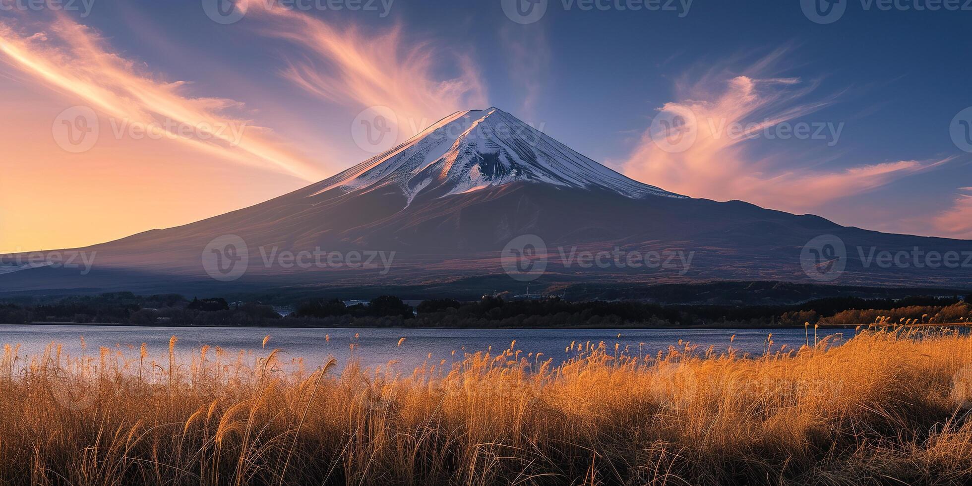 ai gerado mt. fuji, montar Fuji-san mais alto vulcão montanha dentro Tóquio, Japão. neve limitado pico, cônico sagrado símbolo, roxo, laranja pôr do sol natureza panorama pano de fundo fundo papel de parede, viagem foto