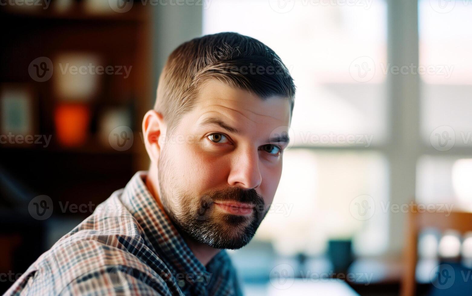 ai gerado feliz o negócio homem com barba dentro a escritório. foto