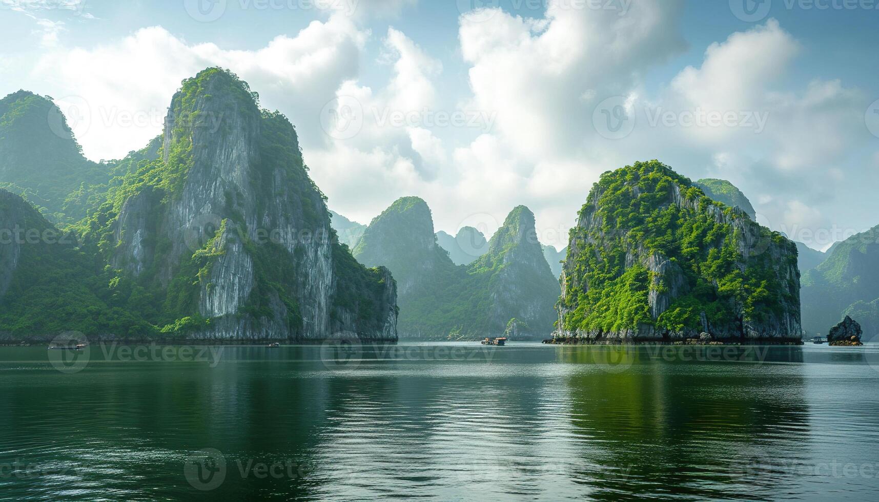 ai gerado ha grandes baía, Halong baía mundo herança site, calcário ilhas, esmeralda águas com barcos dentro província, Vietnã. viagem destino, natural maravilha panorama fundo papel de parede foto