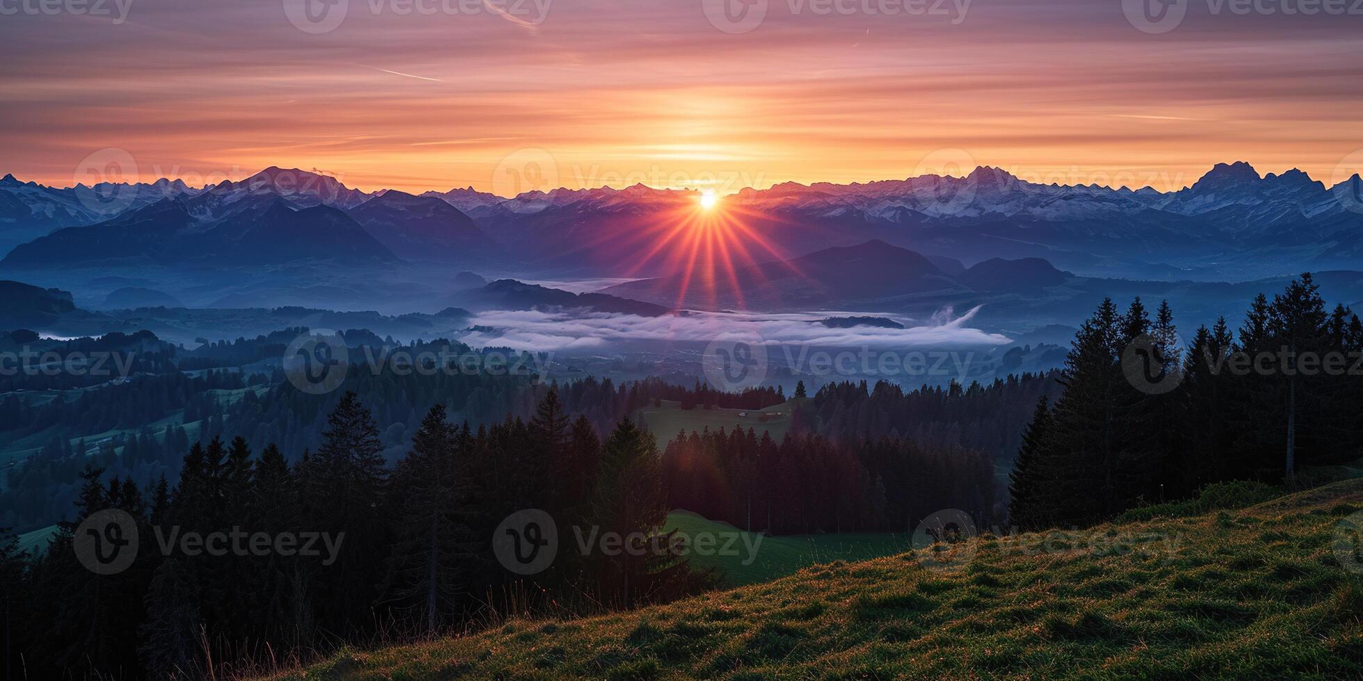 ai gerado suíço Alpes Nevado montanha alcance com vales e prados, campo dentro Suíça panorama. dourado hora majestoso fogosa pôr do sol céu, viagem destino papel de parede fundo foto