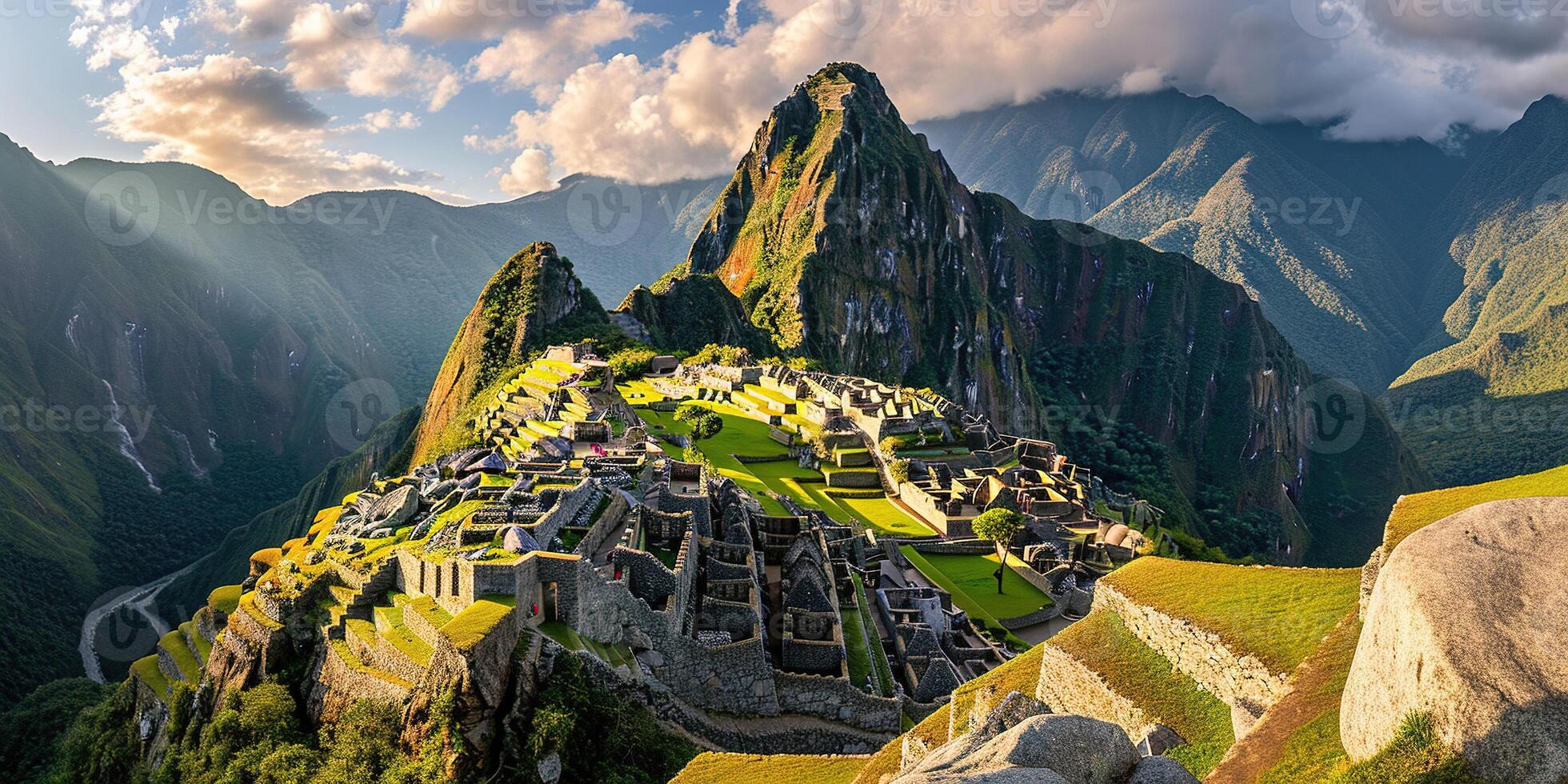 ai gerado histórico santuário do Machu picchu em uma montanha cume, Oriental Cordilheira do sulista Peru. incaico cidadela dentro a andes montanhas, antigo civilização, pôr do sol panorama panorama foto