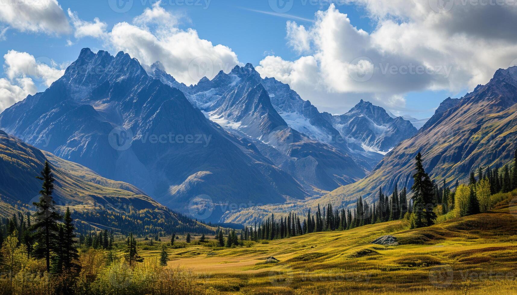 ai gerado Nevado montanhas do Alasca, panorama com florestas, vales, e rios dentro dia. tirar o fôlego natureza composição fundo papel de parede, viagem destino, aventura ao ar livre foto