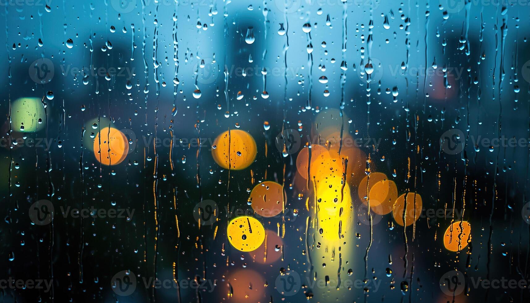 ai gerado chuvoso janela com embaçado cidade luzes dentro a fundo. bokeh Fora do foco borrão, sombrio clima, melancólico humor, tristeza, anseio, depressão conceito pano de fundo foto