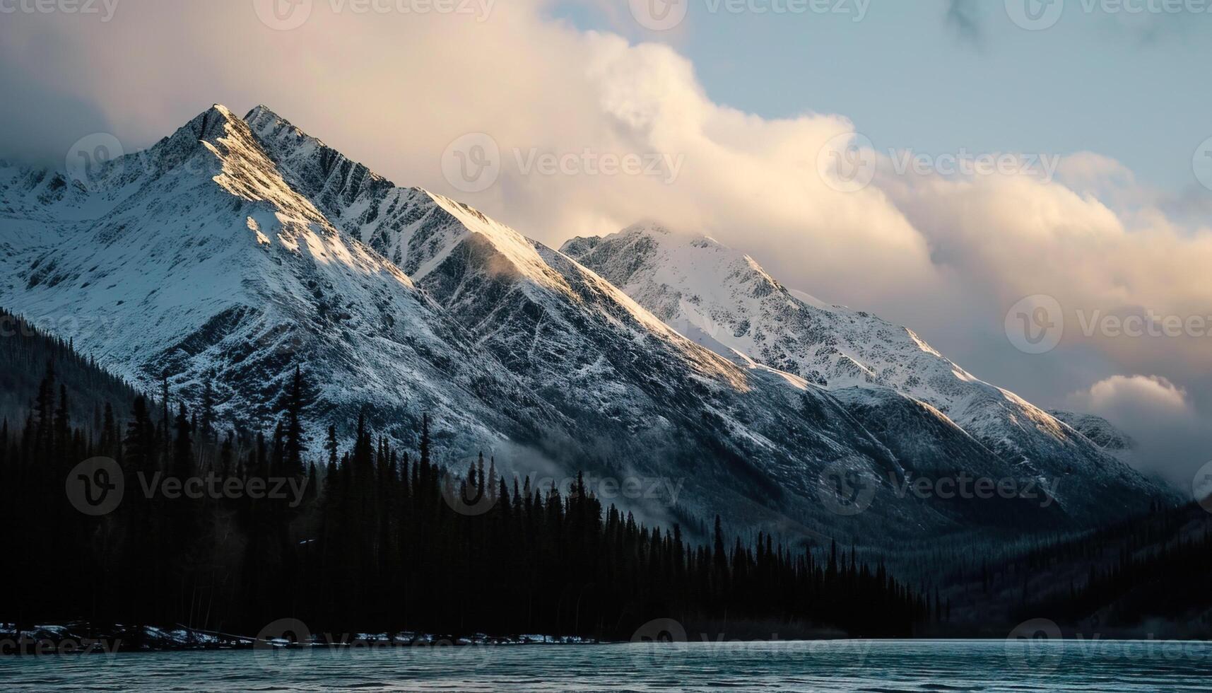 ai gerado Nevado montanhas do Alasca, panorama com florestas, vales, e rios dentro dia. sereno região selvagem natureza composição fundo papel de parede, viagem destino, aventura ao ar livre foto