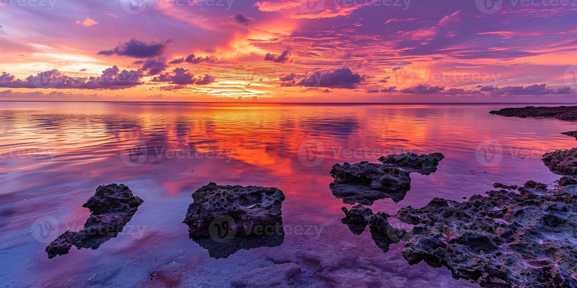 ai gerado ótimo barreira recife em a costa do queensland, Austrália rochoso de praia seascape. pedras e seixos, roxa e laranja dourado hora pôr do sol tarde céu horizonte mar papel de parede fundo foto