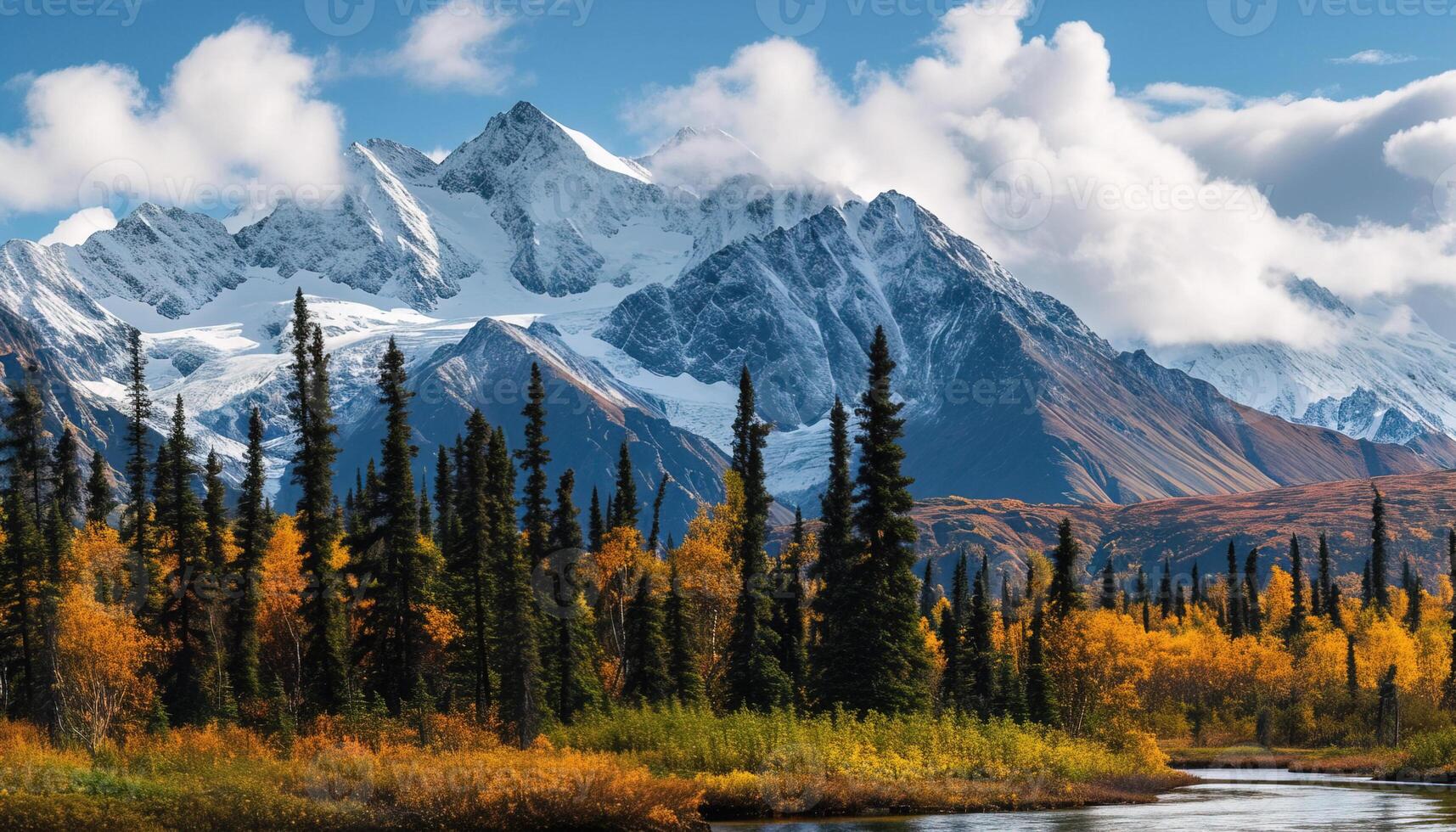 ai gerado Nevado montanhas do Alasca, panorama com florestas, vales, e rios dentro dia. sereno região selvagem natureza composição fundo papel de parede, viagem destino, aventura ao ar livre foto