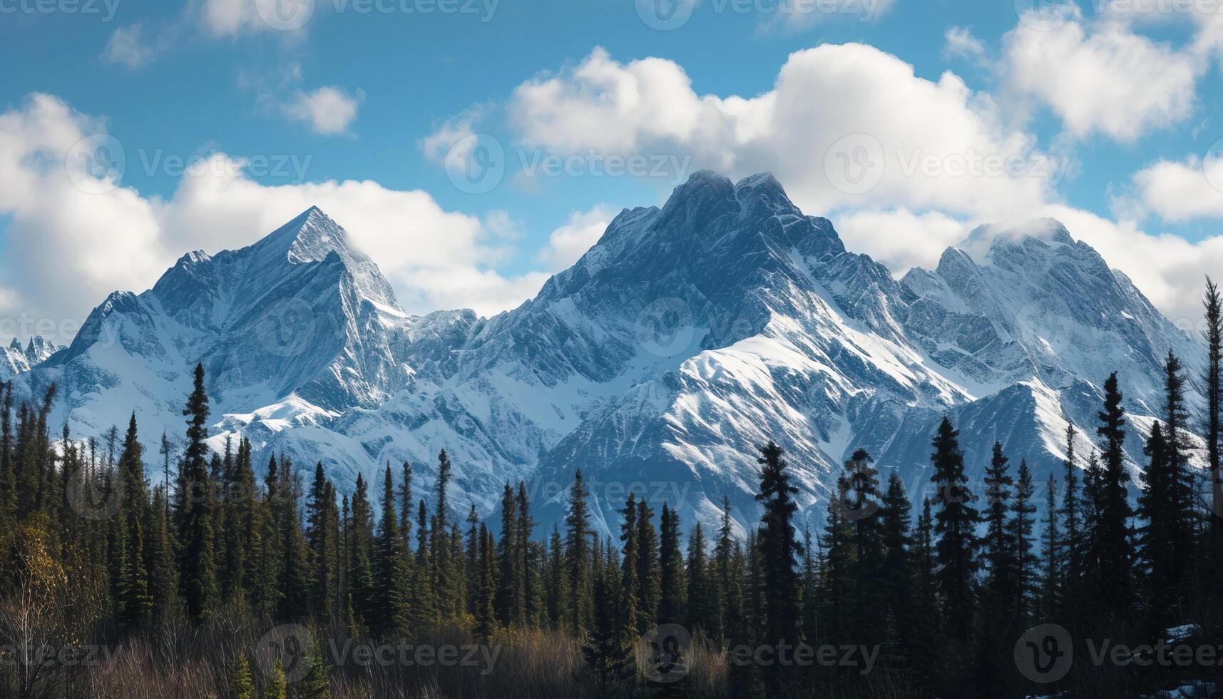 ai gerado Nevado montanhas do Alasca, panorama com florestas, vales, e rios dentro dia. sereno região selvagem natureza composição fundo papel de parede, viagem destino, aventura ao ar livre foto