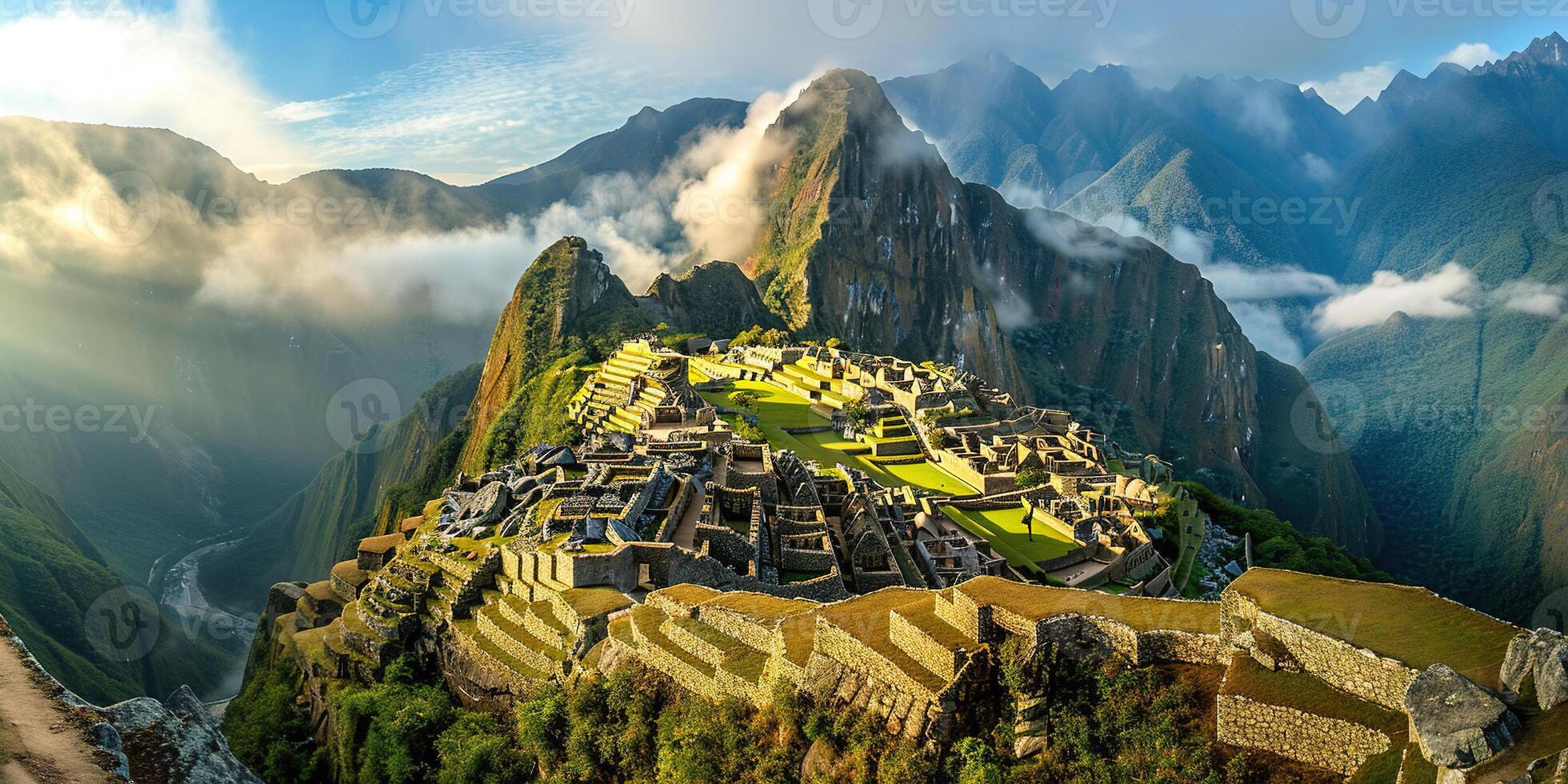 ai gerado histórico santuário do Machu picchu em uma montanha cume, Oriental Cordilheira do sulista Peru. incaico cidadela dentro a andes montanhas, antigo civilização, pôr do sol panorama panorama foto