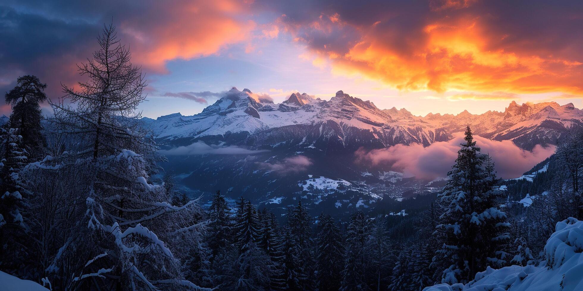 ai gerado suíço Alpes Nevado montanha alcance com vales e prados, campo dentro Suíça panorama. dourado hora majestoso fogosa pôr do sol céu, viagem destino papel de parede fundo foto