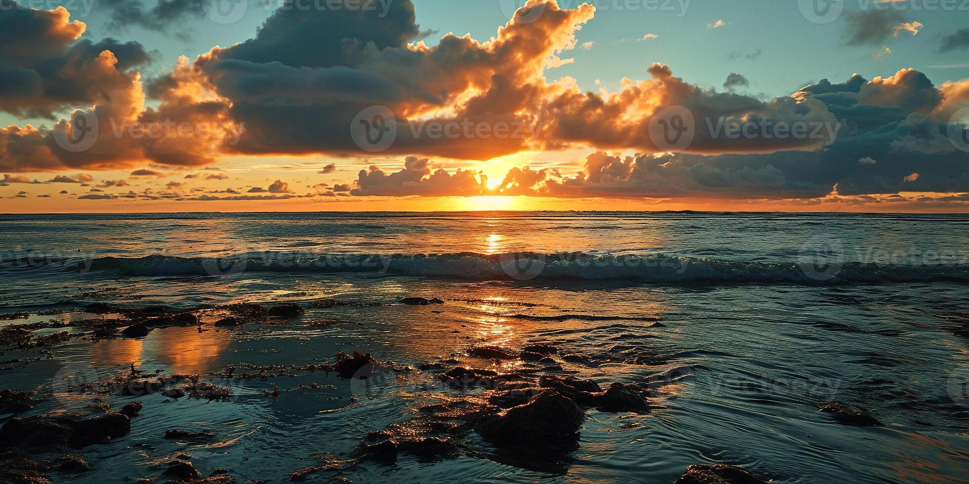 ai gerado ótimo barreira recife em a costa do queensland, Austrália rochoso de praia seascape. pedras e seixos, roxa e laranja dourado hora pôr do sol tarde céu horizonte mar papel de parede fundo foto