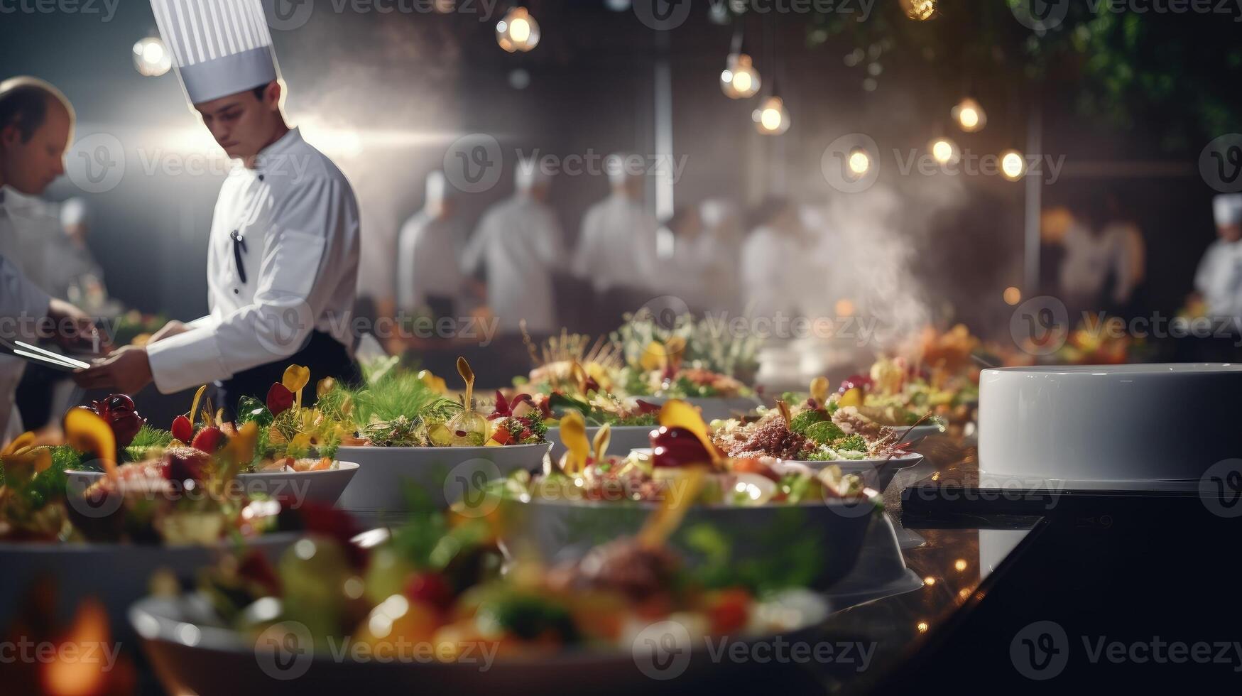 ai gerado uma movimentado refeições evento, com chefs preparando requintado pratos dentro a aberto cozinha. refeições bufê Comida interior dentro restaurante foto