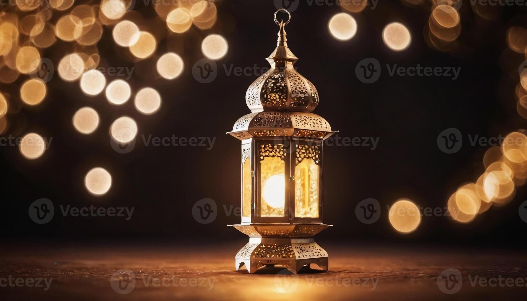 ai gerado ornamental e dourado árabe lanterna com lua brilhando noite e cintilante dourado bokeh luzes foto