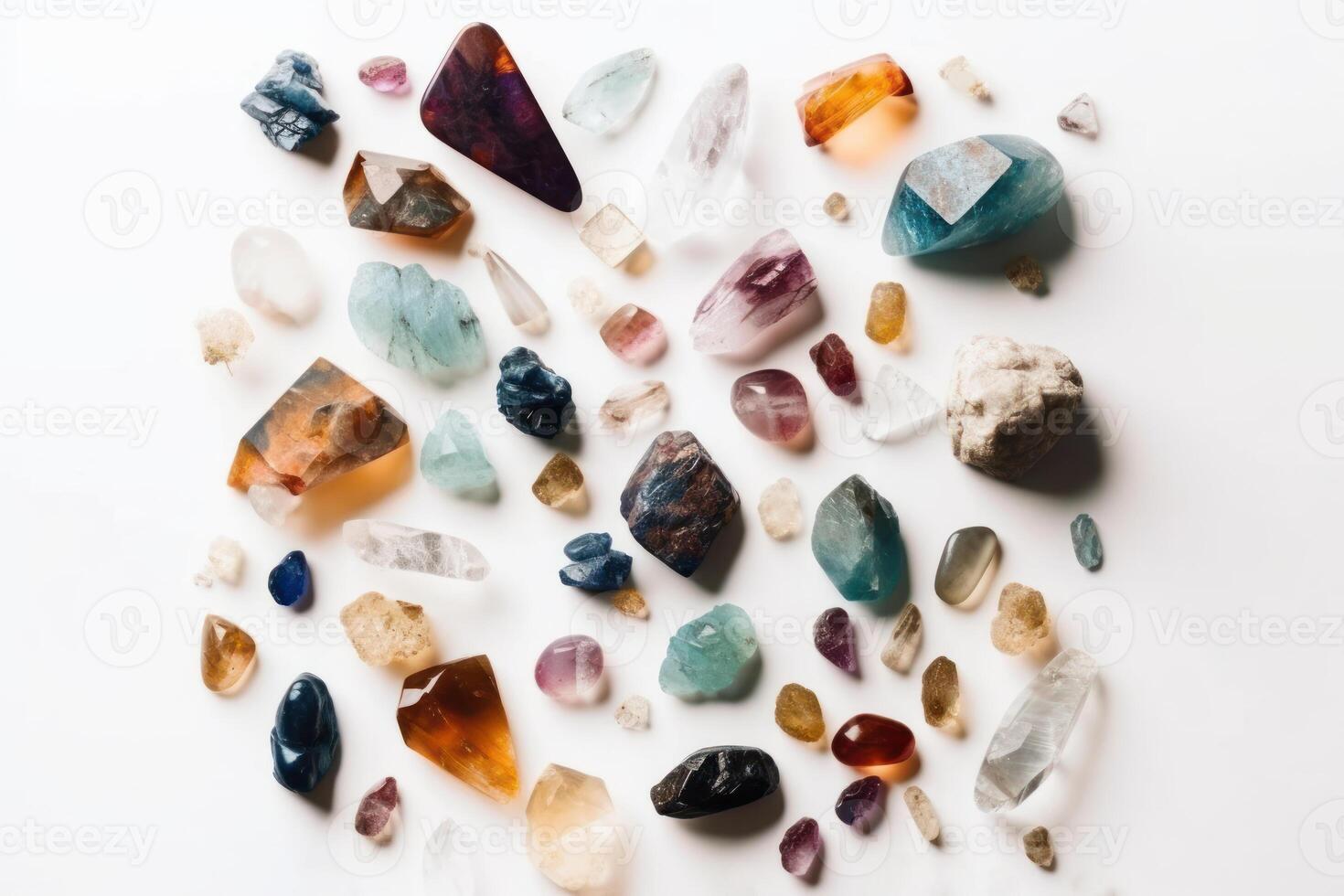 ai gerado semi precioso gema pedras, colorida quartzo, cura cristais, branco neutro mínimo fundo, espiritual, atenção plena, meditação foto