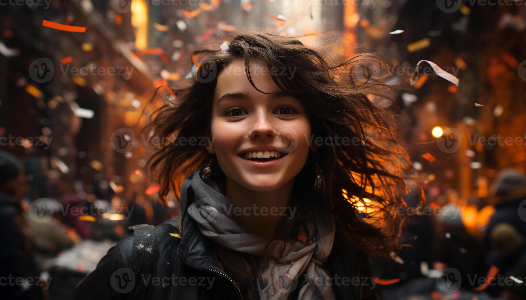 ai gerado sorridente mulher goza ao ar livre inverno noite com alegria gerado de ai foto