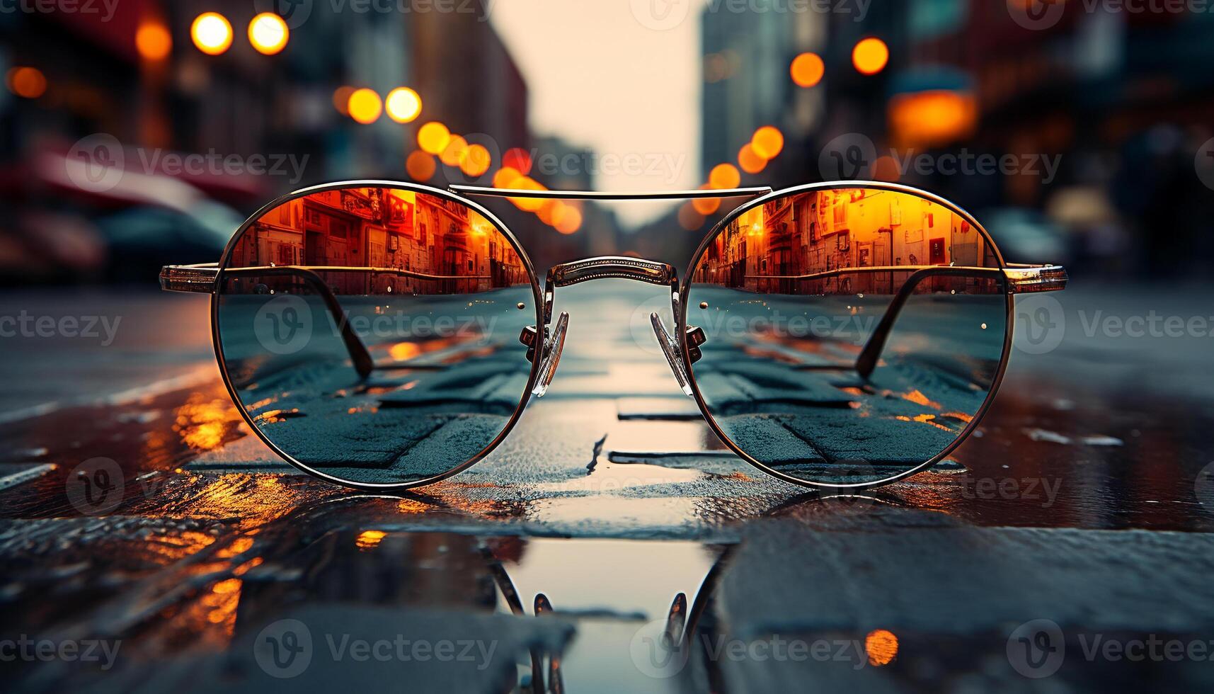 ai gerado oculos de sol reflexão, pôr do sol ao ar livre, moda, cidade vida gerado de ai foto