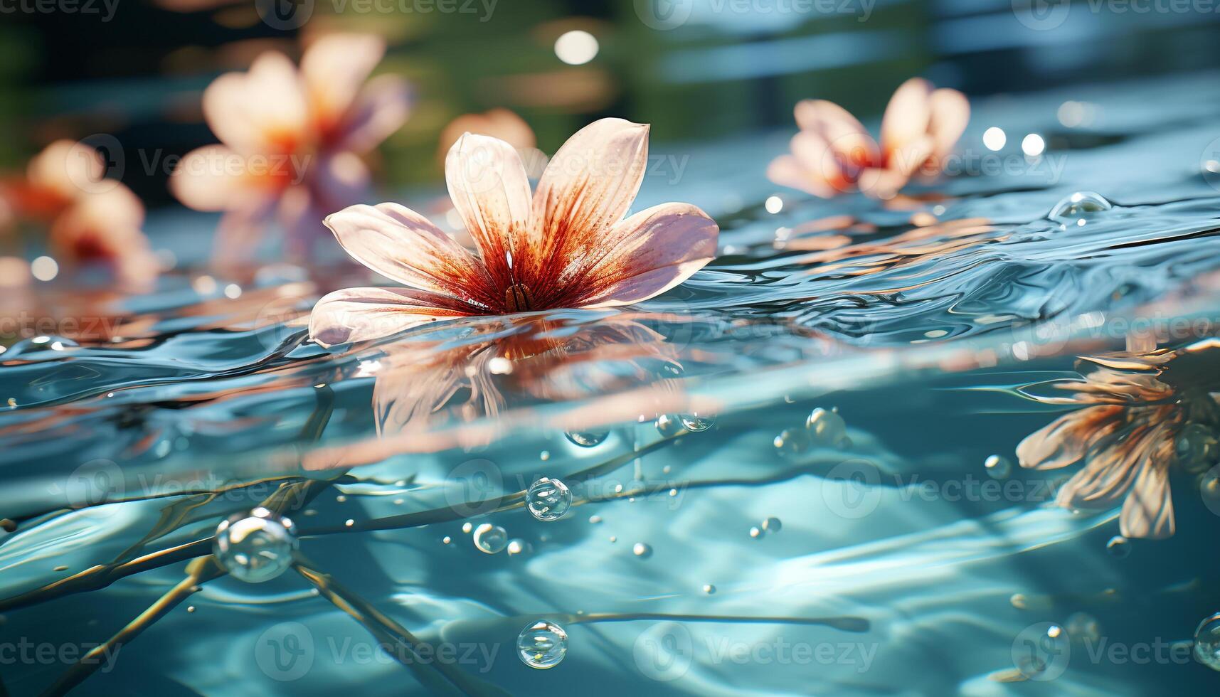 ai gerado uma solteiro flor flutuando em transparente água gerado de ai foto