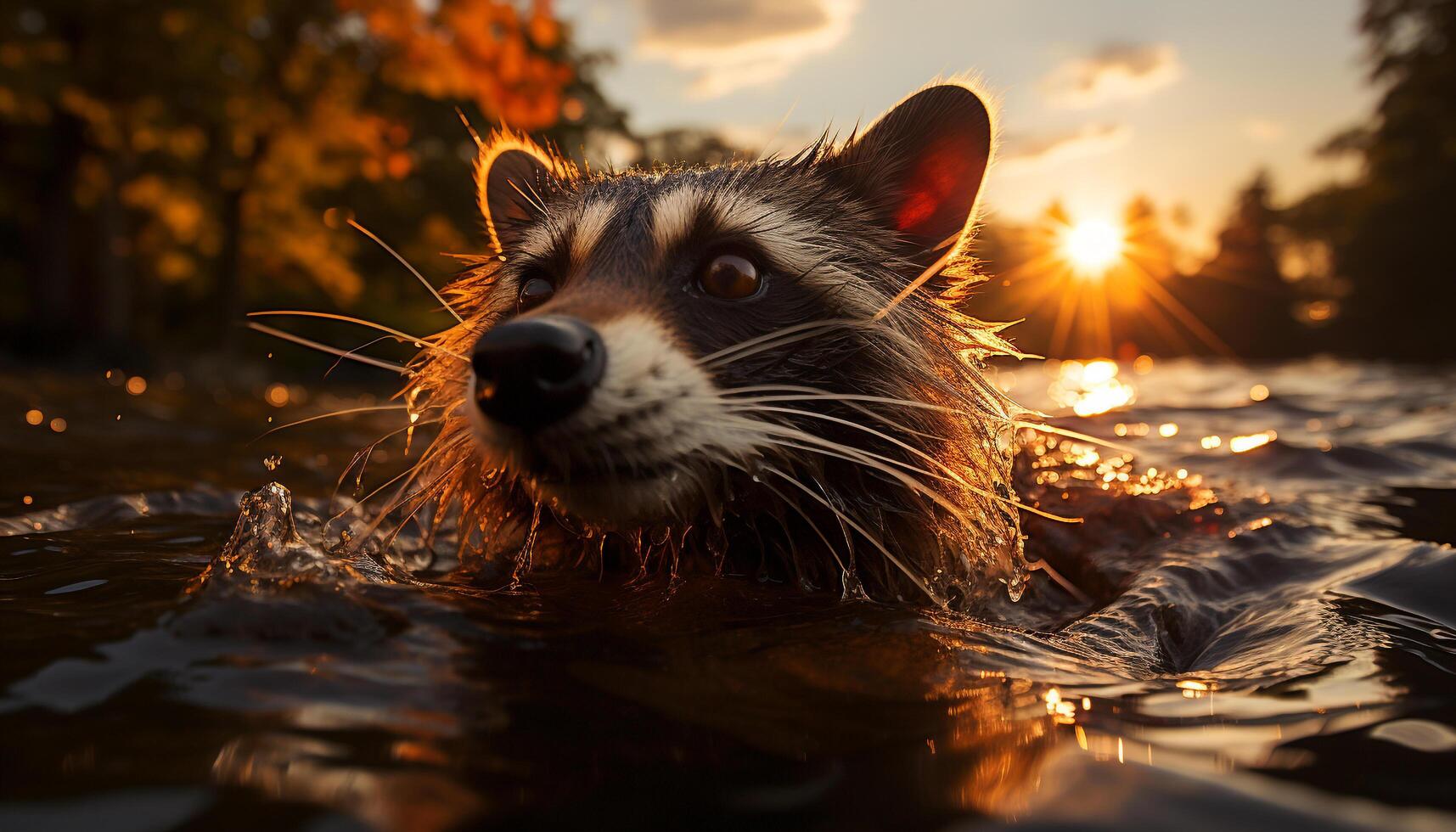 ai gerado fofa guaxinim jogando dentro a água às pôr do sol gerado de ai foto