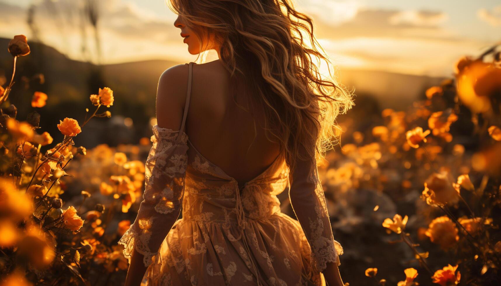 ai gerado jovem mulher desfrutando natureza beleza às pôr do sol gerado de ai foto
