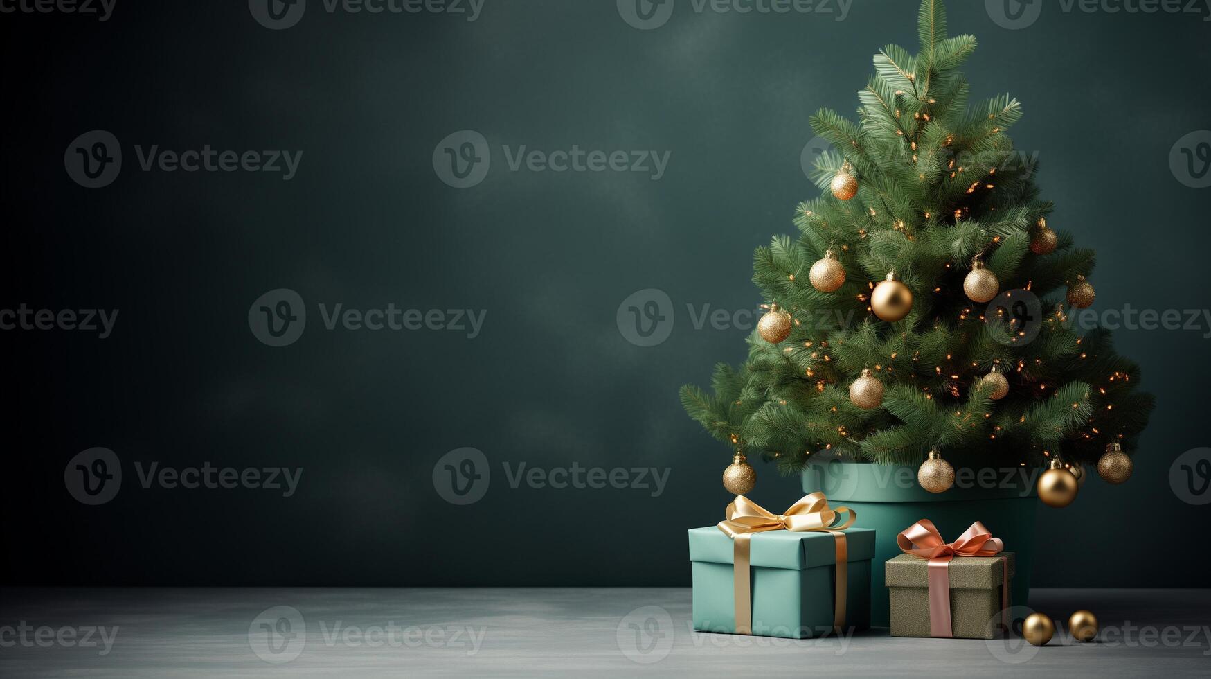 ai gerado festivo Natal árvore e colorida presentes em verde fundo foto